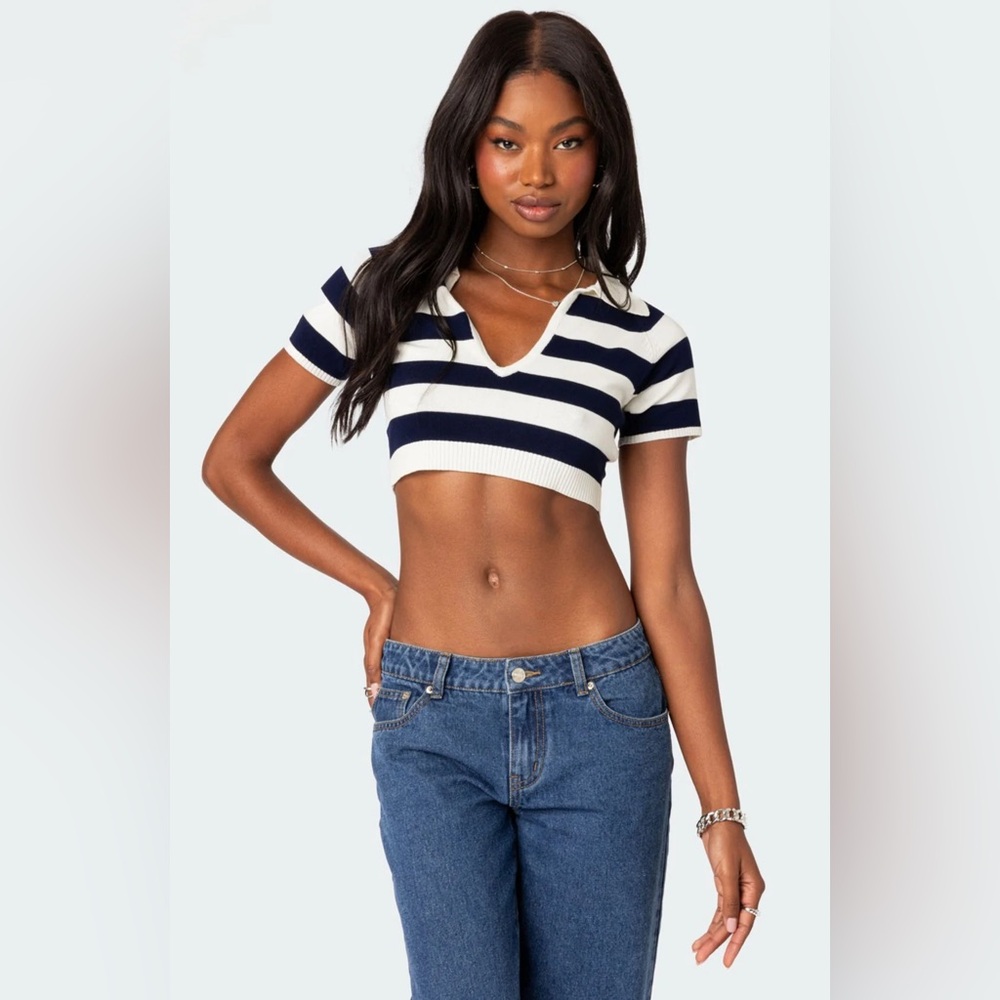 EDIKTED Navy and White Polo Cropped Shirt